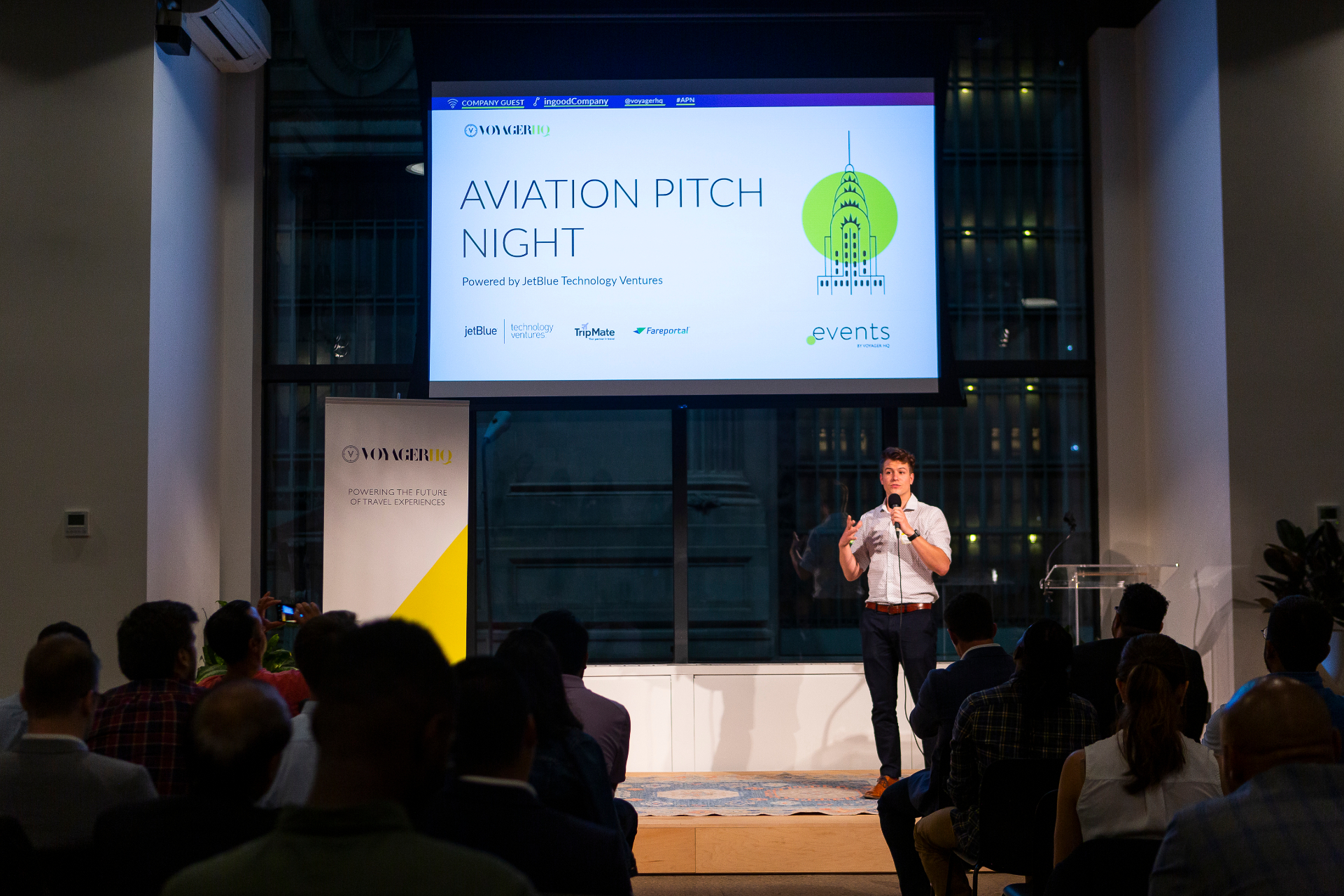 John Matson speaking at Voyager HQ Aviation Pitch Night